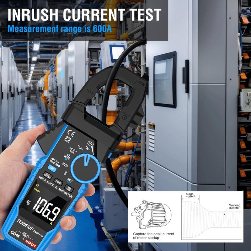 Temirup Inrush Digital Clamp Meter Multimeter - T-RMS 6000 Counts 1000A Amp Voltage Tester with VFD, LOZ, Measures NCV, AC/DC Voltage Current, Continuity Capacitance Frequency Resistance, Temperature - Image 4
